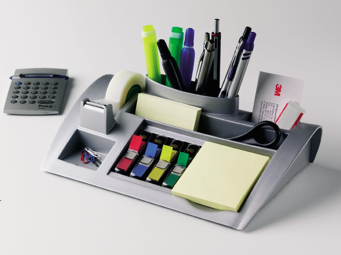 Post-it Organisateur de Bureau Argenté avec Bloc Notes Jaune Canari, 6 Blocs Post-it Super Sticky Couleurs Carnival 76x76 mm, 4 Rouleaux Ruban Scotch Magic 19 mm x 33 m – Fournitures Bureau