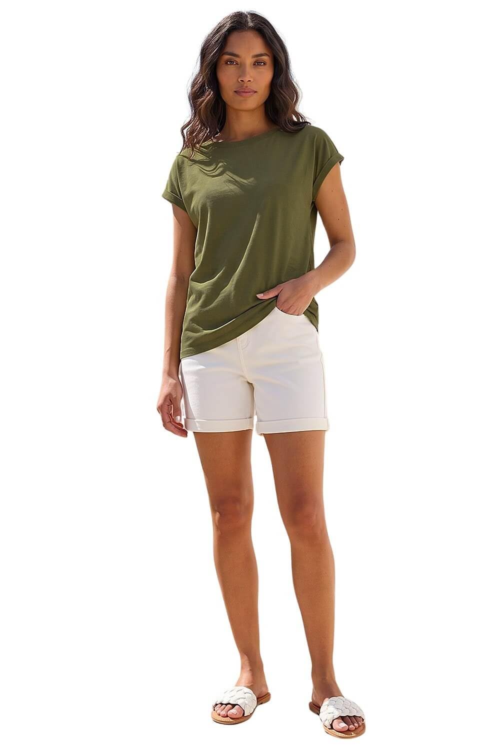 Roman Plain Stretch Cotton Jersey T-Shirt for Women UK Ladies Spring Everyday Summer Holiday Round Neckline Comfy Short Sleeve Soft Woven Fabric Tee Daywear Vacation - Olive - Size 20