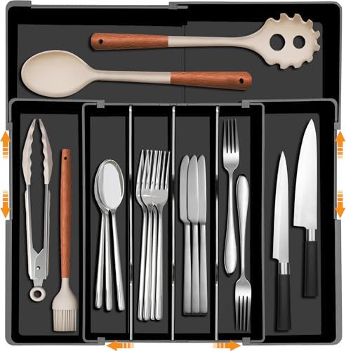 Homecor Silverware Organizer - Upward-Expandable Kitchen Drawer Organizer Utensil Holder, BPA Free Flatware and Cutlery Tray for Spoons Forks Knives, Plastic Kitchen Organizer and Storage, Black