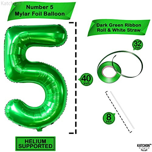 Image of KatchOn Foil Green Number 5 Balloon For 5th Birthday - 40 Inch | Birthday Party Decorations, Green 5 Balloon Number For Dinosaur Birthday Decorations, 5th Wedding Anniversary Decorations