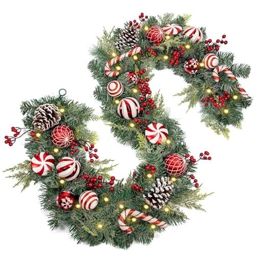Red and White Christmas Garland 6Ft Christmas Garland Ornaments with 15 Balls, 3 Pinecones, 3 Candy Canes, LED Lights, Christmas Decorations for Fireplace Mantel Staircase Front Door Porch Holiday