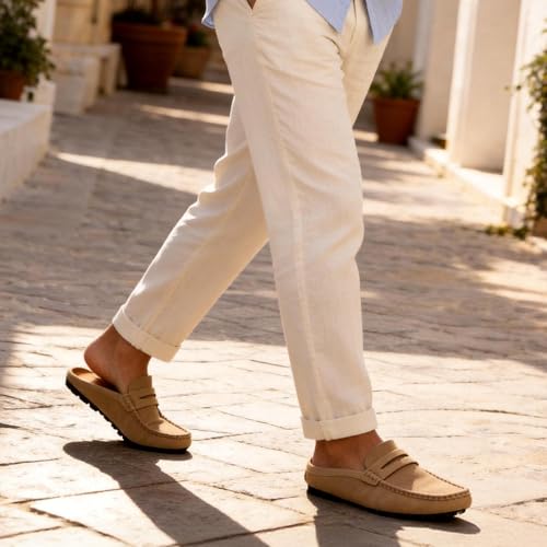 Image of Go Tour Mens Handmade Suede Leather Mules Clog Slippers Breathable Leather Slip on Shoes Casual Loafers