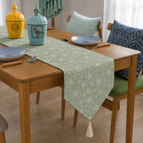 Image of STITCHNEST 'Nomad Weave Collection' Jacquard Table Runner 13x60 Inches| Tassel Finish | Modern Dining Table Decor