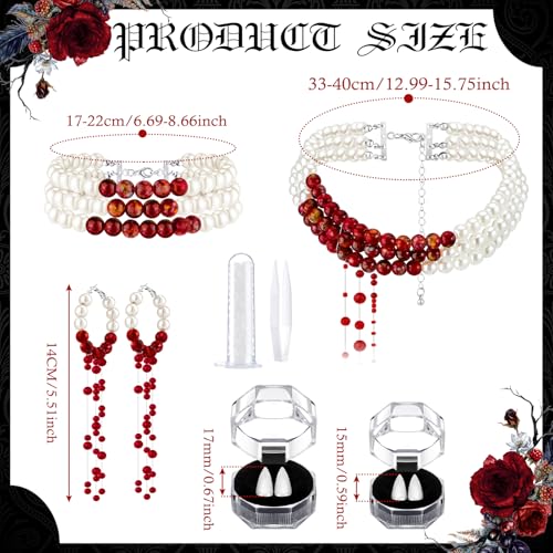 Cunno 6 Pcs Halloween Vampire Costume Accessories Dripping Blood Necklace Vampire Teeth Bloody Pearl Bracelet Necklace Earring Jewelry Set Gothic Fangs for Halloween Party Favors Gift3