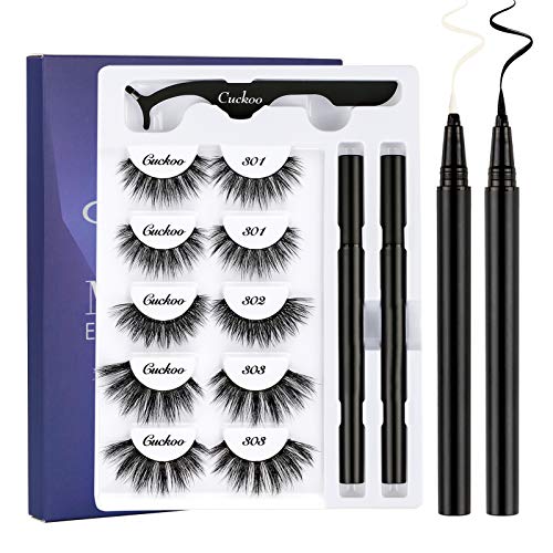 Cuckoo Lashes Magic Eyeliner with Eyelash Kit Self Adhesive Eyeliner, Non Magnetic False Eyelashes Set False Lashes 5 Pairs 3 Styles with 2 Eyeliners and Tweezers 301 302 303