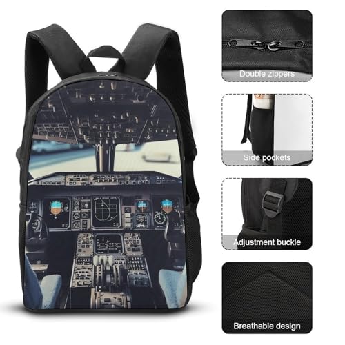 3 Piece Backpack for Women Men Lightweight Causal Daypack Shoulder Bag Set with Insulated Lunch Bag And Pencil Case Organizers Airplane Cockpit3