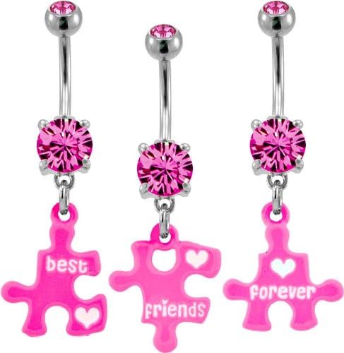 Puzzle Piece Best Friends Belly Bar Navel Ring Piercing - 3 Piece Set