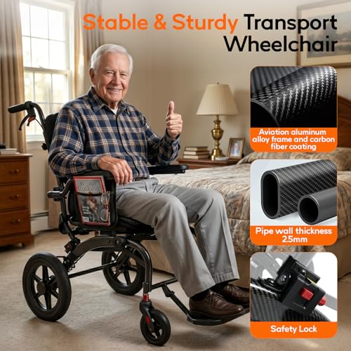 Image of SOFTFISH Transport Wheelchair with Ergonomic Design & Pull Rod, Wheelchairs for Adults with Adjustable Push Handles & Footrests, 12 inch Rear Wheels, Flip-Back Armrests, Carbon Fiber Aluminum Frame