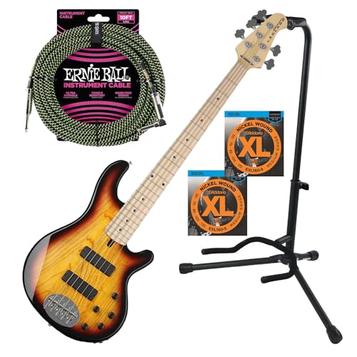 Lakland Skyline 55-01Bass 3-Tone Sunburst with Maple, (2) D’Addario EXL160-5, Gator Stand, Ernie Ball P06077 Bundle