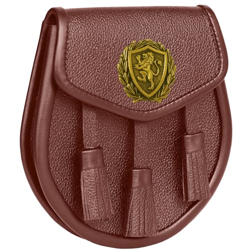 Image of Scottish Original Leather Sporran with Leather Belt & Chain (Brown Leather Attique Big Rampant Lion Sporran)
