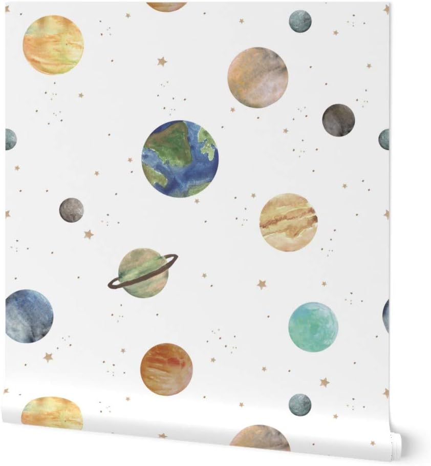 Peel & Stick Wallpaper 3ft x 2ft - Solar System Medium Space Theme Planets Stars Astronomy Custom Removable Wallpaper by Spoonflower