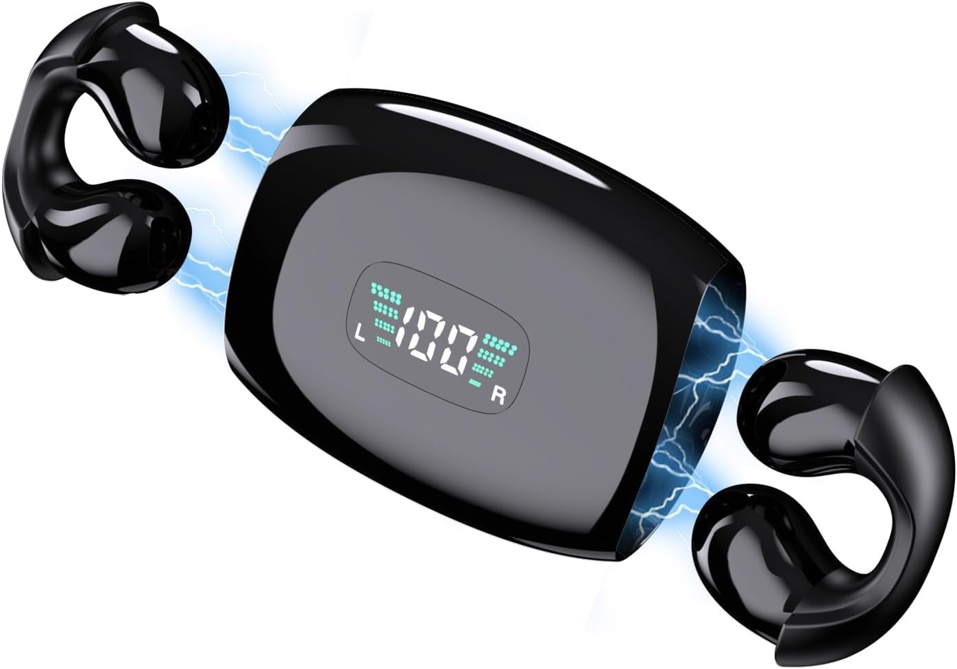 Azonee Clip On Earbuds Wireless Open Ear Headphones-Bluetooth 5.3, 80 Hours Playtime with Charging Case, Headphones with Mic Waterproof Sport Earbuds for Running (Black)