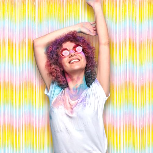 Image of Voircoloria 2 Pack Pastel Rainbow Foil Fringe Backdrop Curtains, Tinsel Streamers Birthday Party Decorations, Fringe Backdrop for Baby Shower, Gender Reveal, Birthday Party