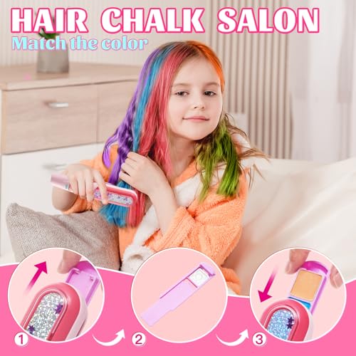 Temporary Hair Chalk with Hair Gem Stamper Kit, Hair Styling Tool with REUSABLE Shining Diamonds, Washable Hair Chalk Hair Color Dye for Girls, Toys Gifts for Girls Ages 4 5 6 8-12