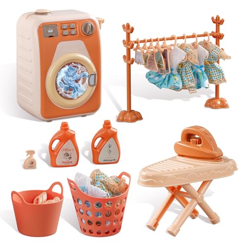 SANYIYIBA Kids Washing Machine Toy with Real Spin & Dryer - Pretend Play Laundry Set 5 Doll Clothes 5 Clothes Rack and Lights & Sound Effects for Ages 3-8 STEM Learning Gift for Girls and Boys