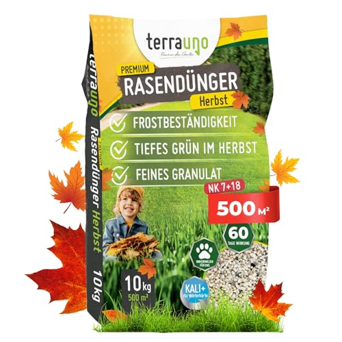 TerraUno Premium Herbstdünger Rasen, gesunder Rasen verdrängt Moos & Unkraut, Rasendünger Herbst mit 60 Tage Langzeitwirkung, 10 kg für 500 m², Herbstrasendünger, Sofortwirkung, extra starkes Grün TerraUno Premium Herbstdünger Rasen, gesunder Rasen verdrängt Moos & Unkraut, Rasendünger Herbst mit 60 Tage Langzeitwirkung, 10 kg für 500 m², Herbstrasendünger, Sofortwirkung, extra starkes Grün
