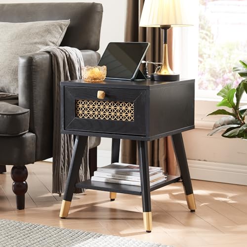 Mid Century Modern End Table with Charging Station, Black Wood Small Side Tables with Outlets and USB Ports, Metal Mesh Drawers, 2-Tier Nightstand with Open Shelf for Living Room, Bedroom