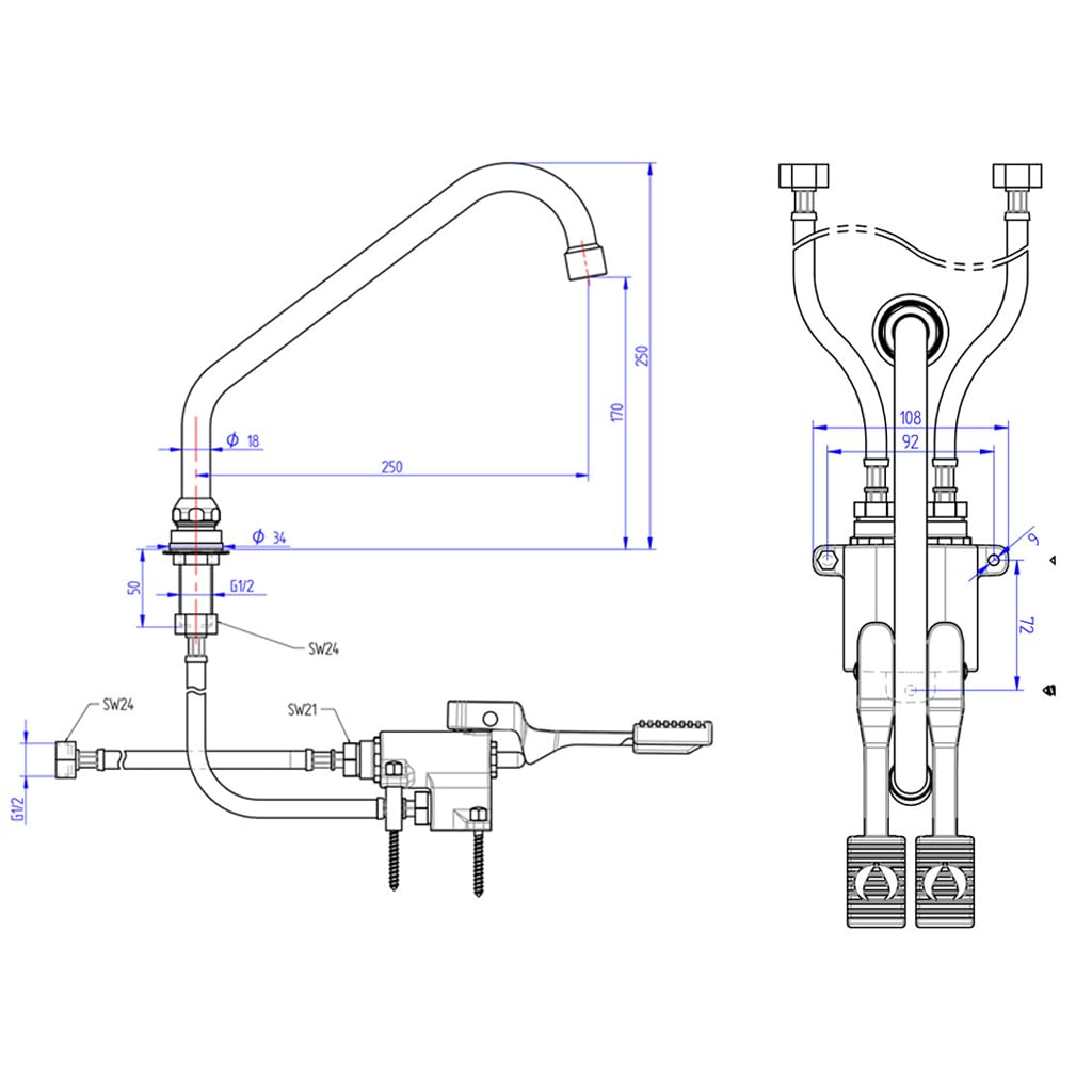 Robinet pédale de Commande Eau Chaude/Eau Froide pour Cuisine Professionnelle – Contrôle au Pied Sans Contact – Hygiène HACCP – Fabrication Italienne (ERMES003KIT)