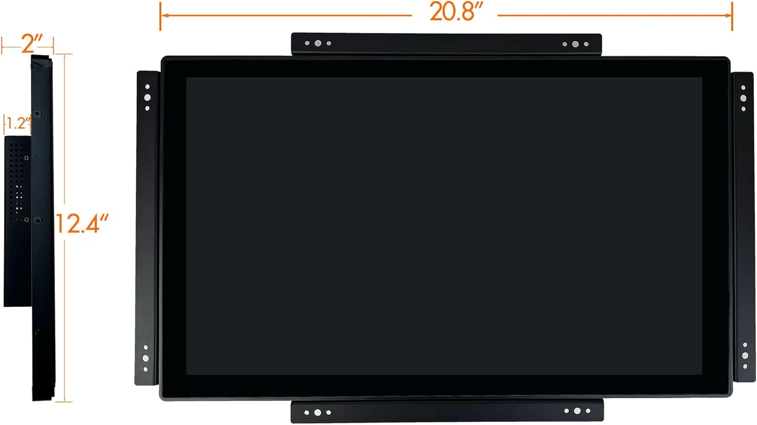 Dimensional drawing of the ANGEL POS 21.5-inch Open Frame Touchscreen Monitor, showing width and height measurements.