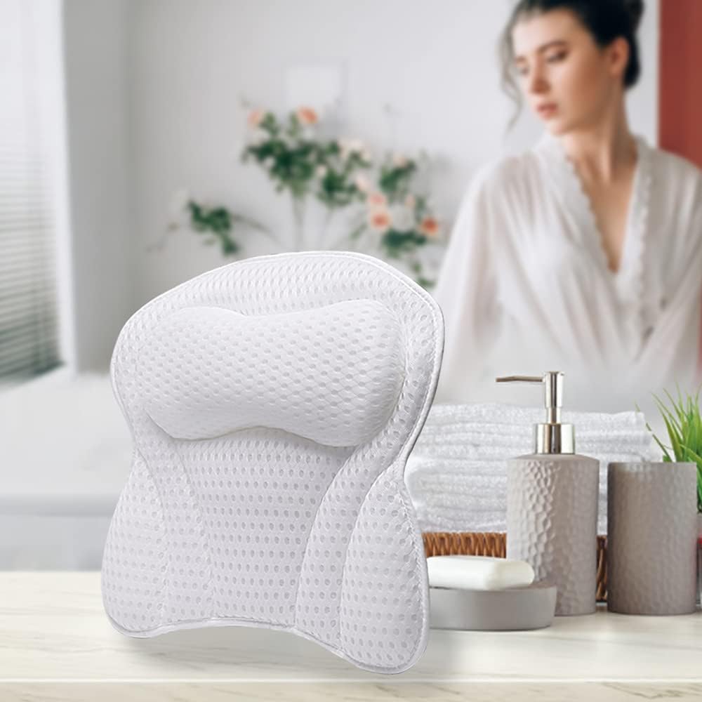Cuscino Vasca da Bagno con 6 Ventose - Poggiatesta Vasca da Bagno con tecnologia 4D air mesh - Supporto per Vasca da Bagno - Cuscino Bagno relax bianco