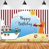 Fondo Fresco de Verano para Fiesta en la Playa Tema de Feliz cumpleaños Fondo de fotografía a Rayas Rojas Personalizar Banner de Mesa
