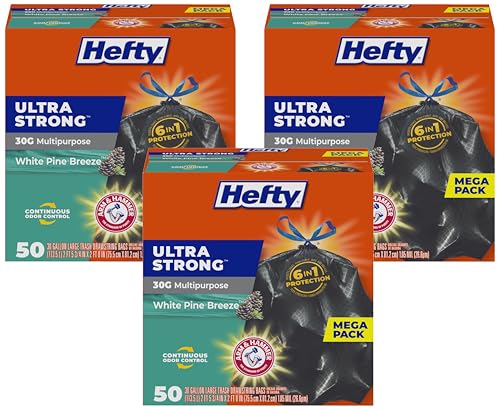 Image of Hefty Ultra Strong Trash Bags, Large, White Pine Breeze | 30 Gallon | Multipurpose | Black | 50 Count, Pack of 3