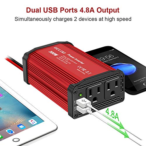 GELOO 300W Power Inverter, DC 12V to 110V AC Car Power Converter with 4.8A Dual USB Ports Car Charger Adapter (Red)
