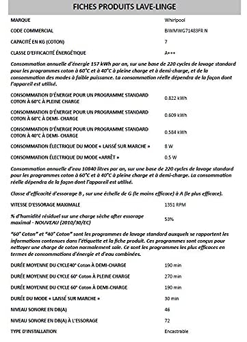 WHIRLPOOL Lave linge Tout intégrable 7 Kg 1400 trmn BIWMWG71483FRN - vue 7