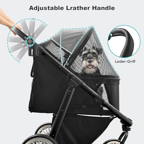 DAISTERN Hundebuggy bis 30 kg, Klappbarer Aluminium-Hundewagen, Gepolsterte Liegefläche, Schwenkbares Vorderrad, Große Hinterrad, Hinterradbremsen, Verstellbarer Griff, Sicherheitsleine, Grau
