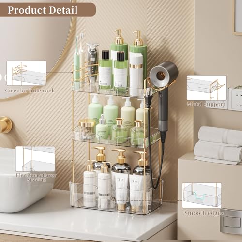 Image of Akinbas 3 Tier Bathroom Organizer Countertop Makeup Perfume Tray Skincare Organizer Comes with Hair Dryer Rack and Toothbrush Holder for Bathroom Dresser Vanity (White)