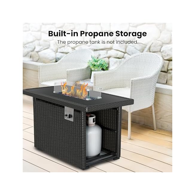 PRIMETEK 2-in-1 Fire Pit Table for Patio, Brown Wicker 44", 50,000 BTU, Wind Guard, and Glass Rocks (44 x 32 x 24 in)