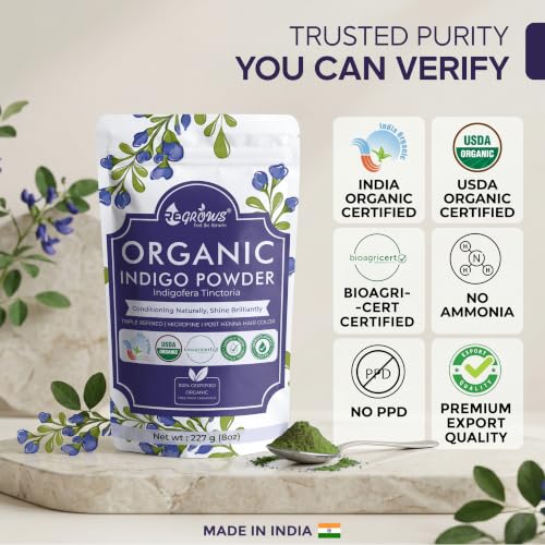 Image of ReGrows 100% Certified ORGANIC INDIGO powder | Dermatologically and Clinically Lab Tested Indigo Powder | USDA BIOAGRICERT Certified | Natural Black Hair Color After Henna | For Men and Women | No Ammonia No PPD | Includes Application Kit| Indigofera Tinctoria (227gm)