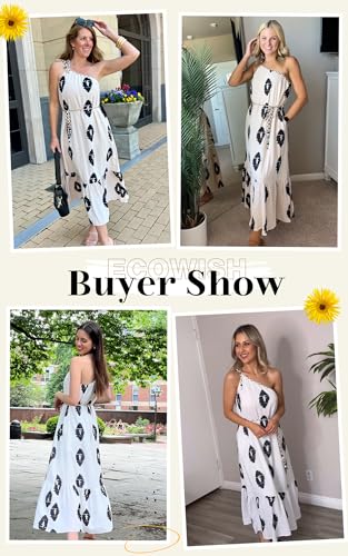 Image of ECOWISH Womens Summer One Shoulder Maxi Dress Casual Polka Dot Midi Dresses Sleeveless Long Pockets Sundress Beach Vacation