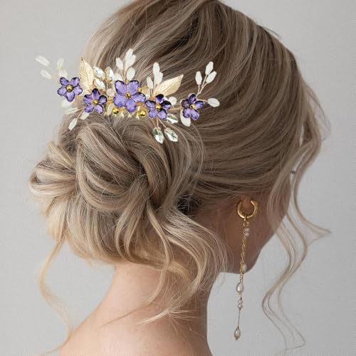 Peine para cabello de novia con flores moradas y cristales miniatura 3