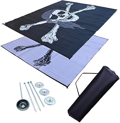 Professional EZ Travel Collection Reversible RV Outdoor Rug for Backyards, Beaches, Camping Grounds, Patios, and More, Storage Bag and Mat Stakes Included, Black/White/Pirate (9x18)
