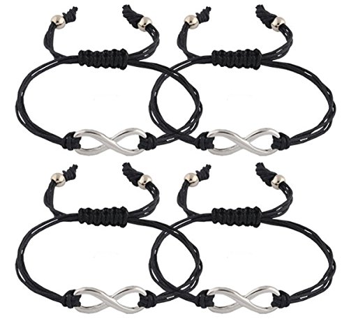 JOTW 4 Pieces of Black with Silvertone Infinity Adjustable String Bracelet (S-1910)