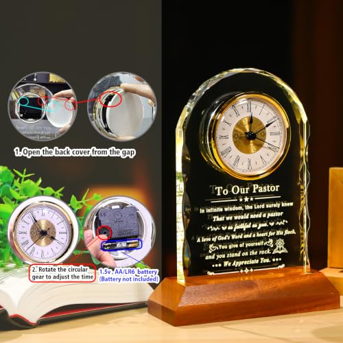 Image of Pastor Appreciation Gifts for Men Crystal Clock with Wooden Light Base