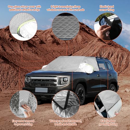 Image of Car Windshield Cover with Side Mirror Covers 4 Layers Heavy Duty Protects Windshield from Rain Sun Frost Extra Large Size Fits SUV Trucks (White-SUVs)