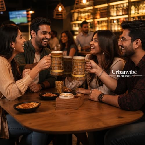 Image of Handmade Wooden Beer Mug, Wood with Sheesham Finish, Barrel Style, Lightweight & Durable, for Craft Beer, Home Bar, Cafe, Party, Gift(350ml) (Barfi)