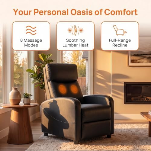 Image of Manual Massage Recliner Chair, Oversized Lazy Boy Reclining Couch Chair with Lumbar Heat & Adjustable Backrest, Single Recliner Sofa for Home Theater Seating, Living Room, Bedroom, Black