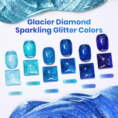 Image of Six blue glitter gel shades create deep shimmer nail looks; cure with UV /LED lamp.