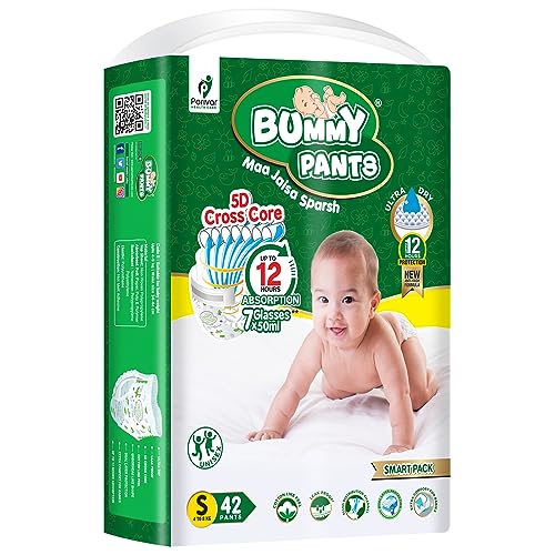 Image of Bummy PANTS Super Dry Leakage Proof Technology Baby Diaper -Small (S) Size, 42 Count, Super Absorbent 5D Cross Core with Anti Rash dual Layer Up to 12 Hrs Protection, Pack of 1, Upto 7Kg