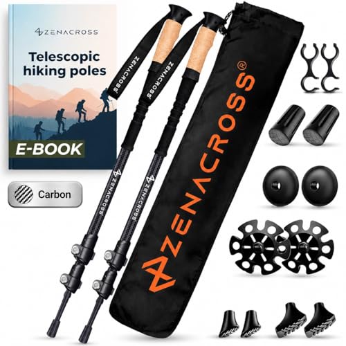 Zenacross Wanderstöcke Teleskop Carbon - Nordic Walking Stöcke Damen/Herren Ultraleichte - Trekkingstöcke Einstellbar mit Natürlich Kork Griff