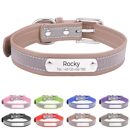 Reflektierend Halsband für Hunde aus Leder Personalisierte Hundehalsband mit Namen Gravur Hellbraun Halsband mit Namenschild für den kleinen Hund, Hundehalsbänder S