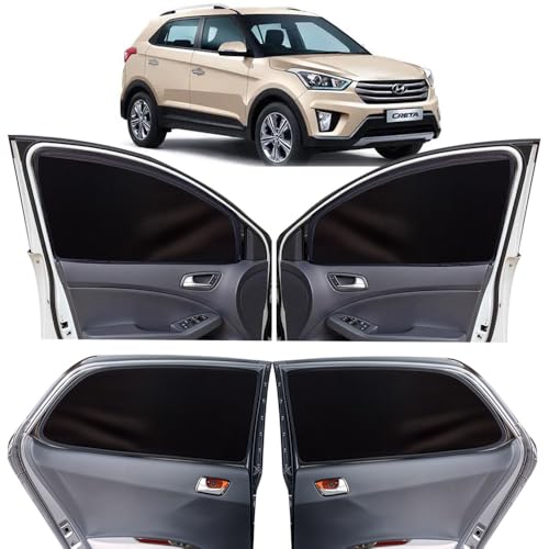Image of OTO2EYE Car Sun Shade Compatible for Hyundai Creta Old Model 2015 to 2020, Z-Black Super Magnetic Grip, Front Window Zipper, Side Window Curtains, 4 Pieces Set