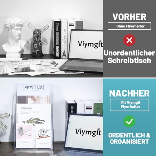 Viymgit Prospekthalter A4, 3 Etagen Transparenter Acryl DIN A4 Prospektständer, Broschürenhalter im Hochformat für Menüs, Prospekte, Kataloge, Preiskarten