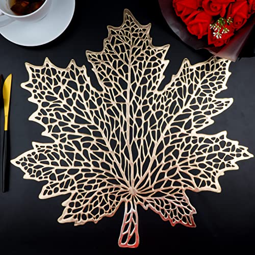 Snowkingdom Fall Thanksgiving Maple Leaf Placemats Sets of 12, Gold Round Vinyl Table Mats Pressed Metallic Hollow Out Place Mats for Autumn Harvest Holiday Party Wedding Accent Centerpiece