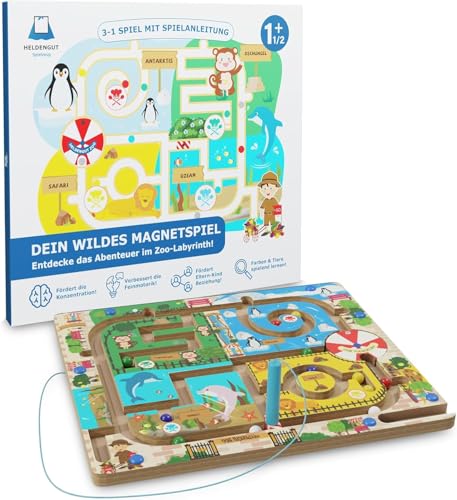 HELDENGUT Magnetisches Labyrinth Zoo - Spielzeug ab 2 Jahre - Montessori Motorikspielzeug Holz - Magnetspiel & Brettspiele für Kinder - Spiele