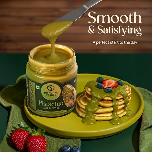 Image of The Premium Basket Pistachio Nut Butter | Almond Nut Grade - Gold Premium, Cashews Nuts Grade W240 & Irani Pista | Unsweetened | High dietary fibre | Rich in Protein | Transfat-Free | 180g x 3 Natural Spread ( Pack Of 3 )