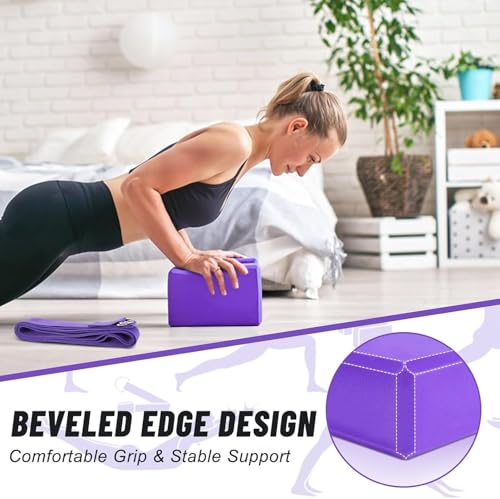 Image of Yoga Block Set of 2- Supportive Latex-Free Eva Foam - Soft Non-Slip Surface with Beveled Edges for Yoga, Pilates, Meditation - Yoga Accessories for Stability, Balance, Deepen Stretches (Multicolour) (Yoga Block & Strap, 9x6x4 in)